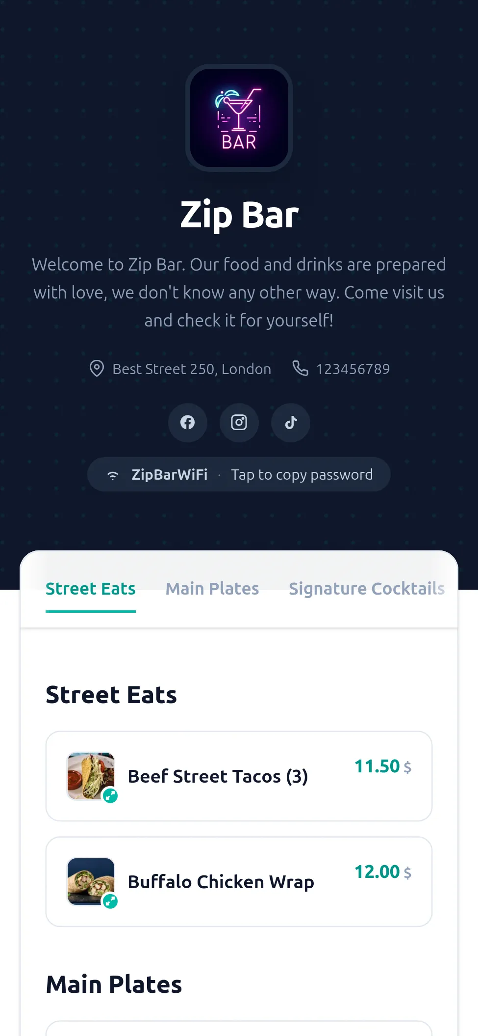 Customer-facing digital menu in the Fresh theme, viewed on a phone
