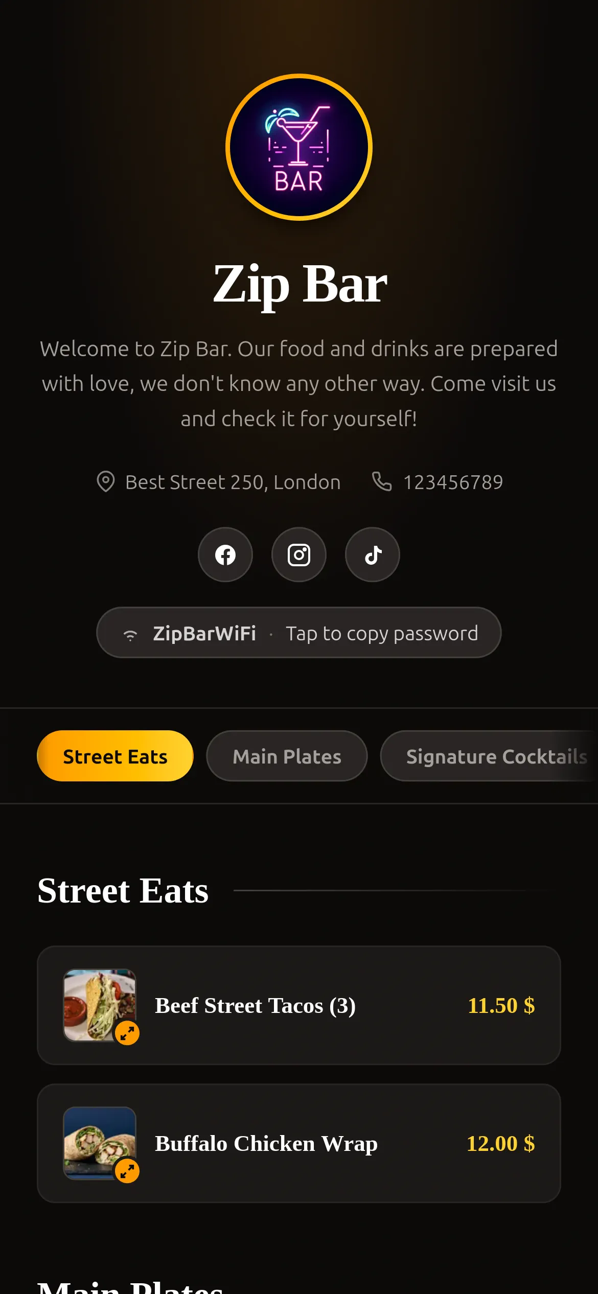 Digital restaurant menu opened on a phone screen after scanning a QR code