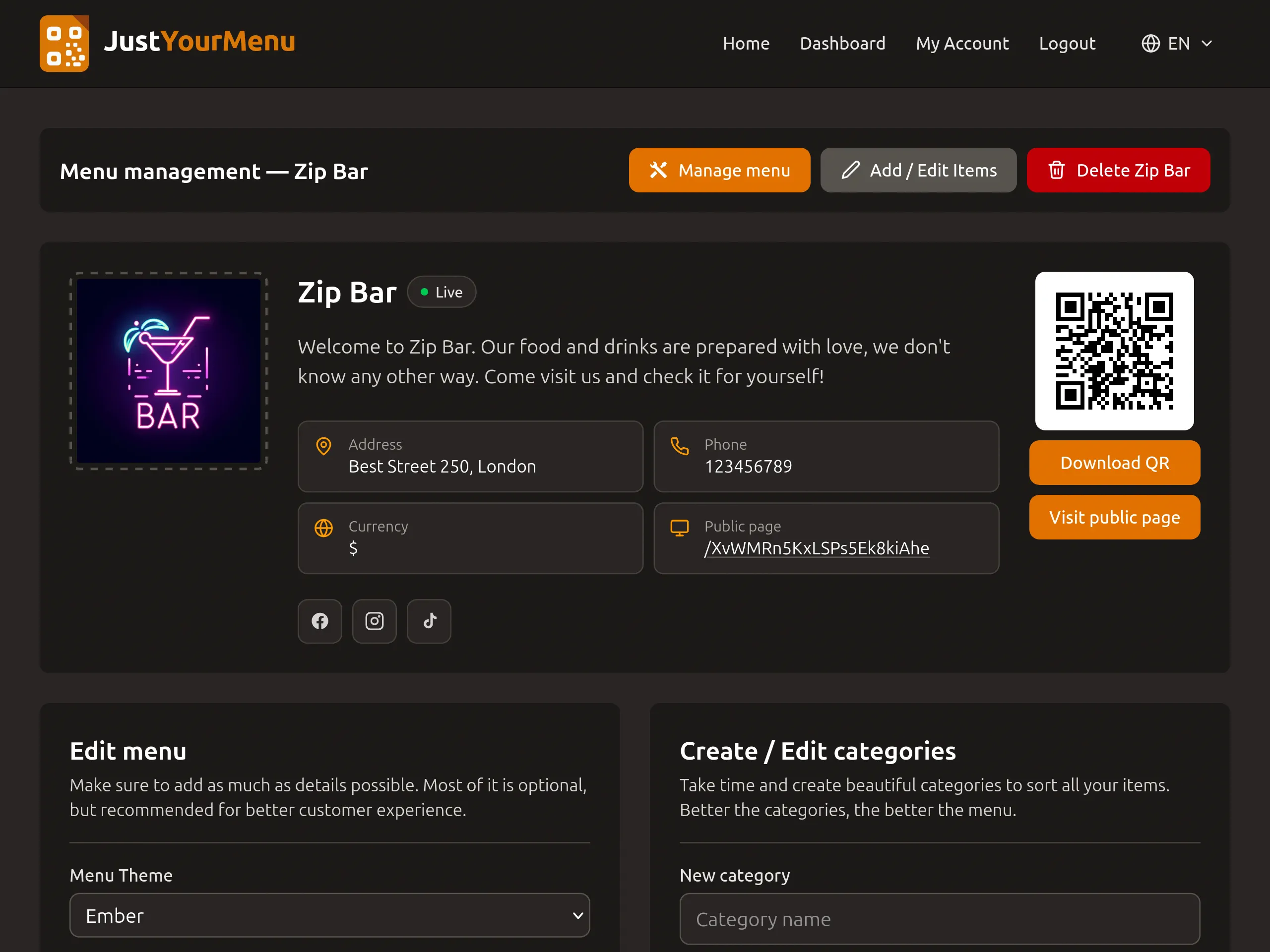 JustYourMenu dashboard look from the inside